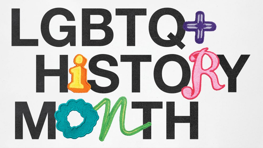 In the UAL typeface, 'LGBTQ+ History Month' is spelled out. However, several of the letters, including the '+' sign, are colourful embroidered pieces created by members of the LGBTQ+ Staff Network.