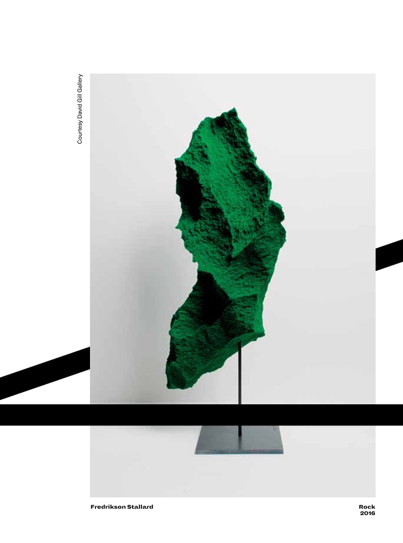 A page spread from the Craftsmanship Alone Is Not Enough exhibition catalogue, 2017. Featuring an organic shaped ceramic sculpture in forest green by Fredrikson Stallard.