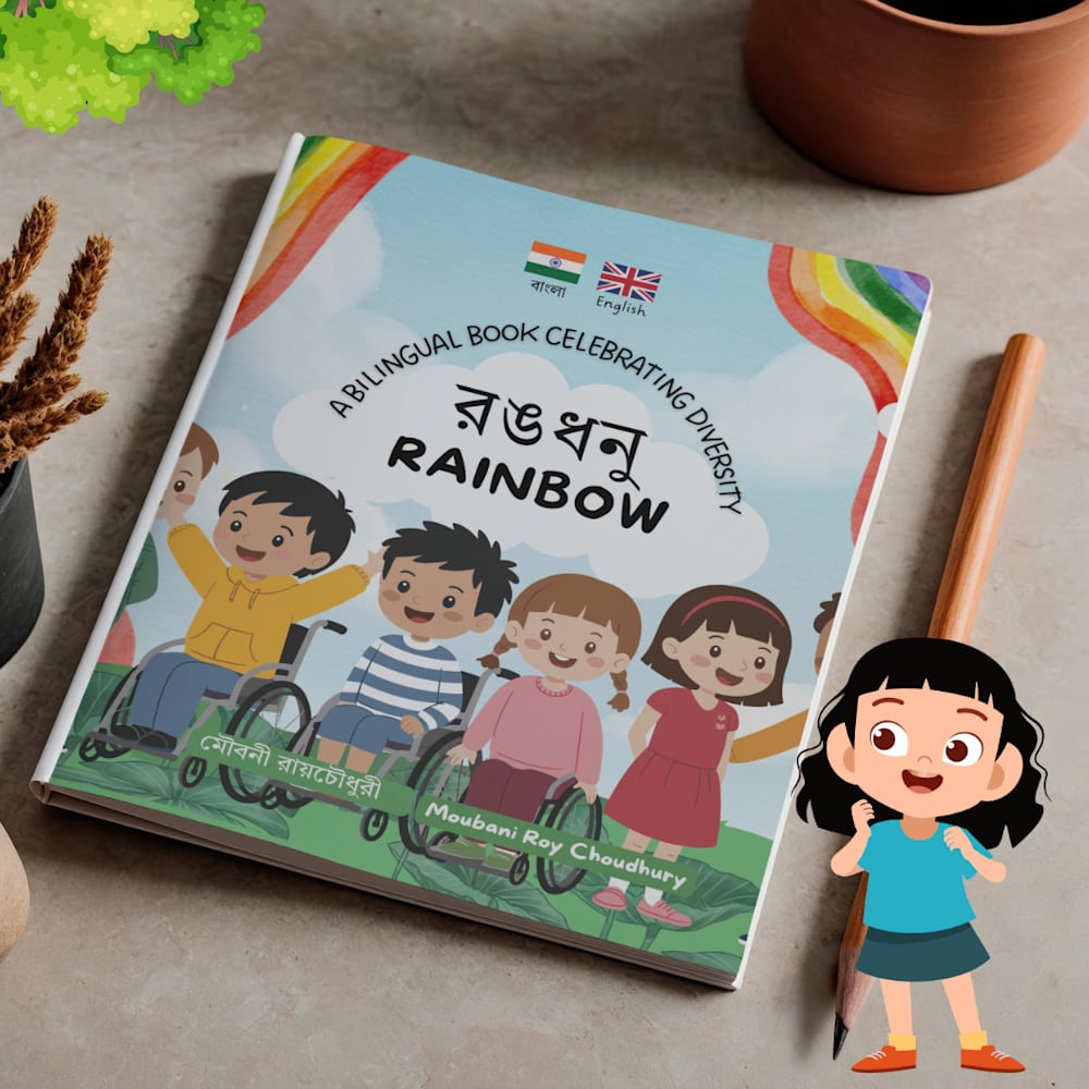 Rainbow, a bilingual Bengali-English children’s book celebrating diversity, featuring illustrated children under a rainbow on the cover.