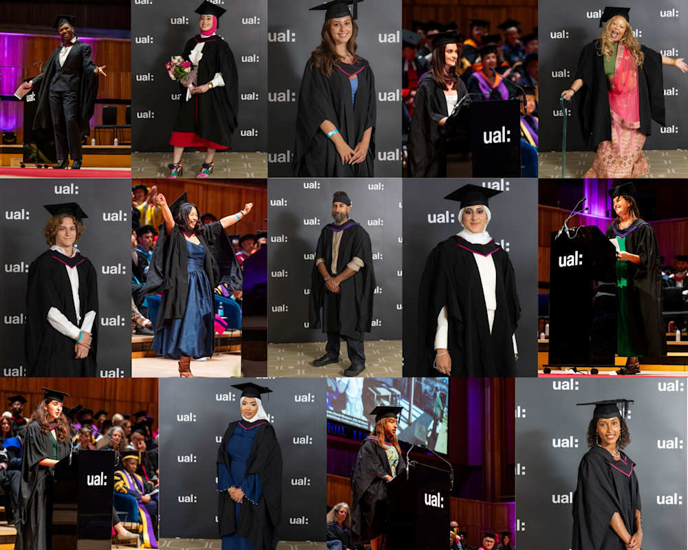 Collage of portraits of student speakers at graduation ceremonies.
