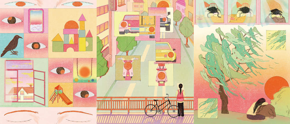 A triptych illustration featuring a collage of eyes, a crow, building blocks, a street scene with a cyclist, and a person sitting under a tree.