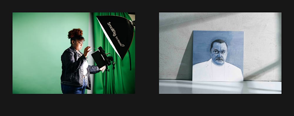 Two photographs side by side, one showing a student working with lights in the studio and the other showing a portrait painted by a student, propped up against a wall. 