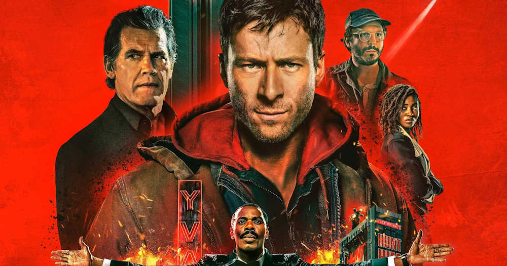 Image from a film poster depicting the main character surrounded by the supporting cast 
