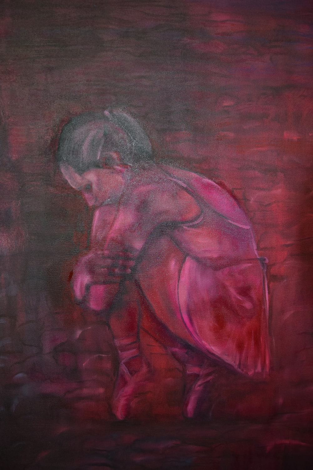 Purple canvas painting of afraid little girl crouched down and lost in the wilderness