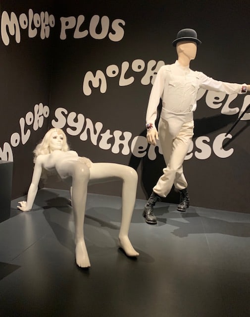 clockwork orange costumes on mannequins at Design Museum