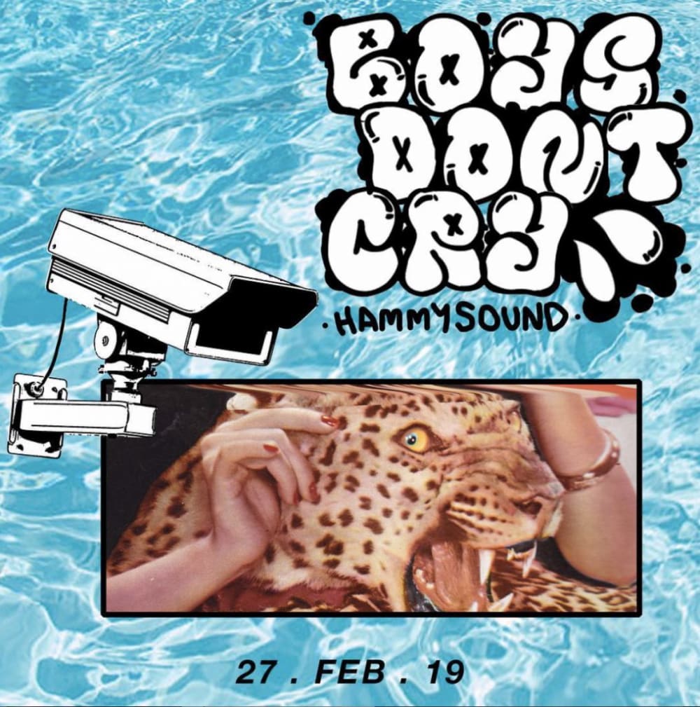 a 'boys don't cry' flyer which displays a cheetah, a cctv camera and a swimming pool texture background