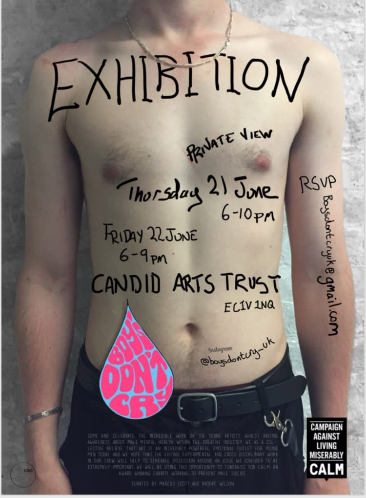 a flyer for an exhibition which displays a male torso with details for the exhibition written on the body