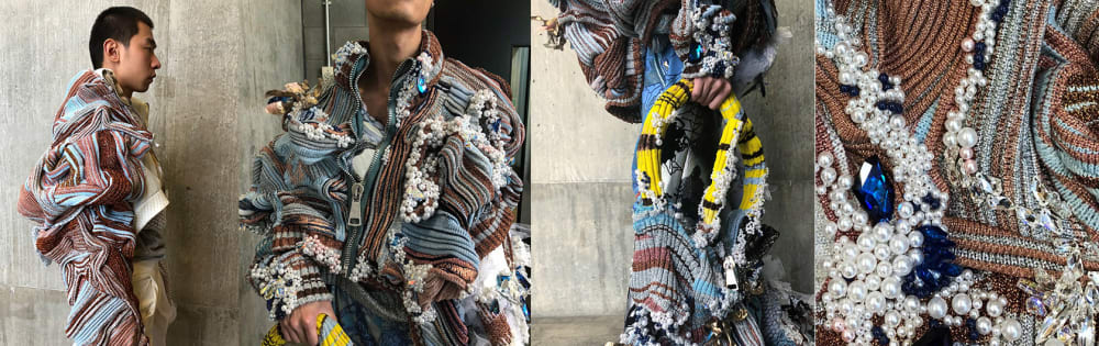 Composite images of figure wearing large blue and brown knitwear