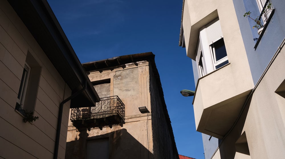 Close-up image of a series of buildings.