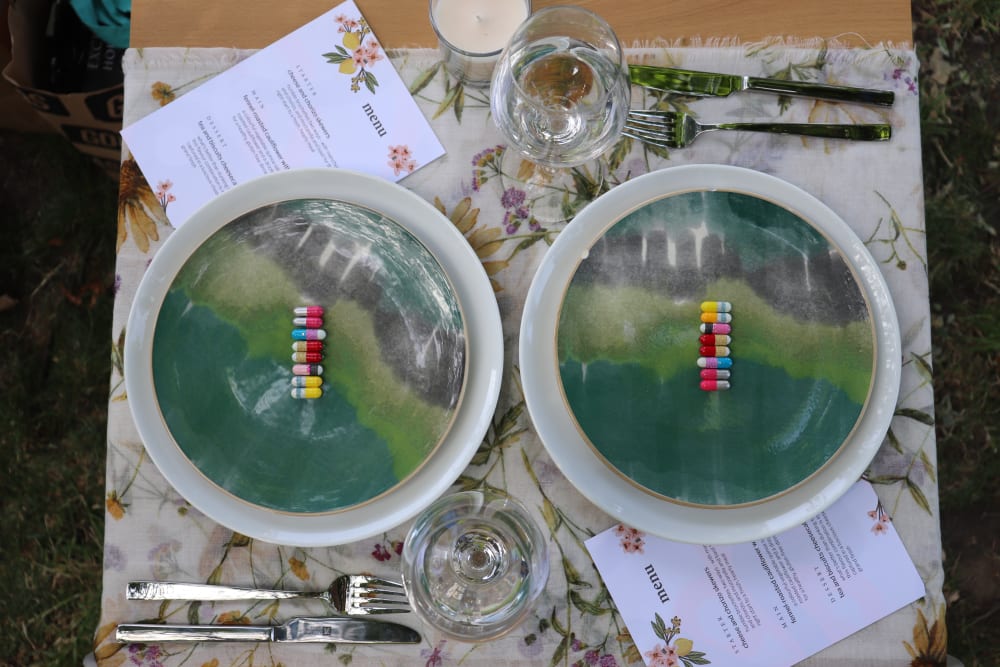 pills displayed on plates