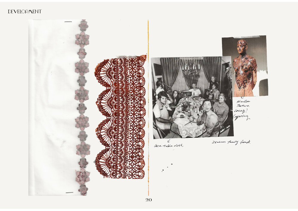 A work in progress development sketch book page, research images of different lace material and tablecloths.  
