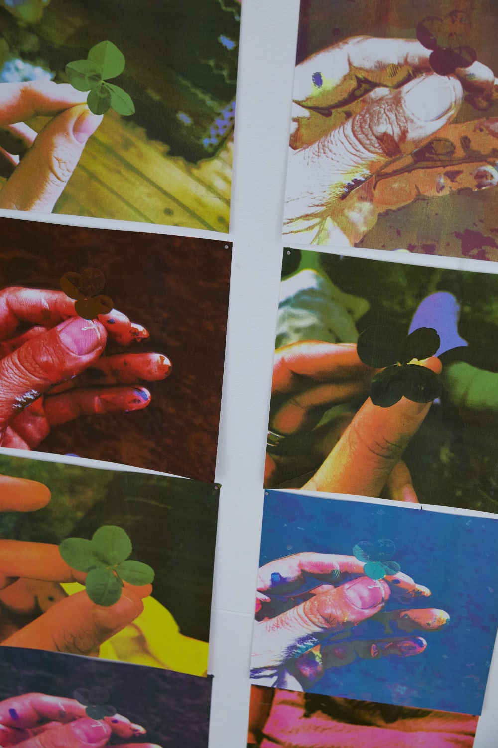 A series of colourful risograph prints, showing a hand holding flowers.  