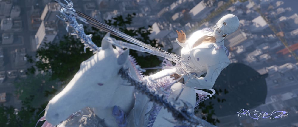 Ode to the Centaur protagonist in lilac and white attire shot in the sky with a backdrop of the city skyline