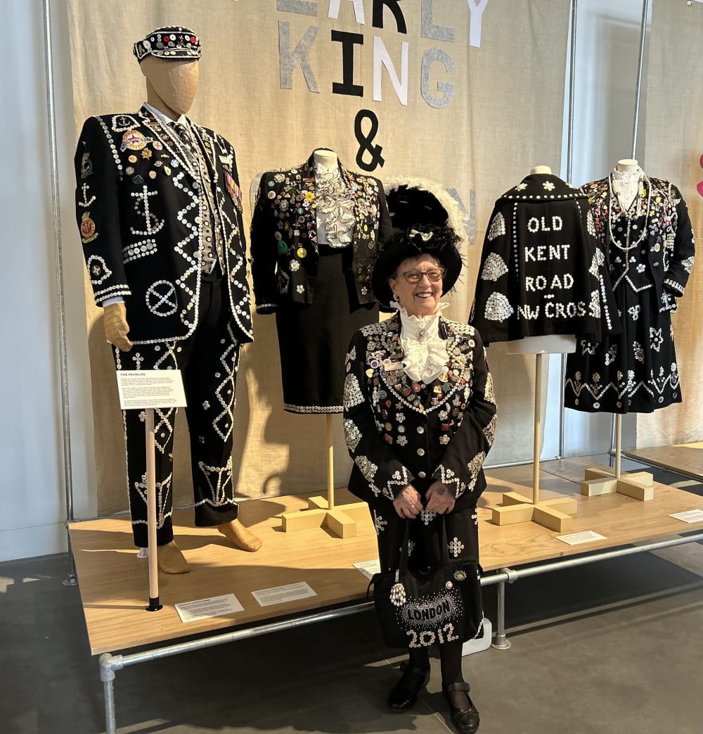 Doreen Golding, Pearly Queen of the Old Kent Road and Bow Bells, dressed ‘in buttons’ 
