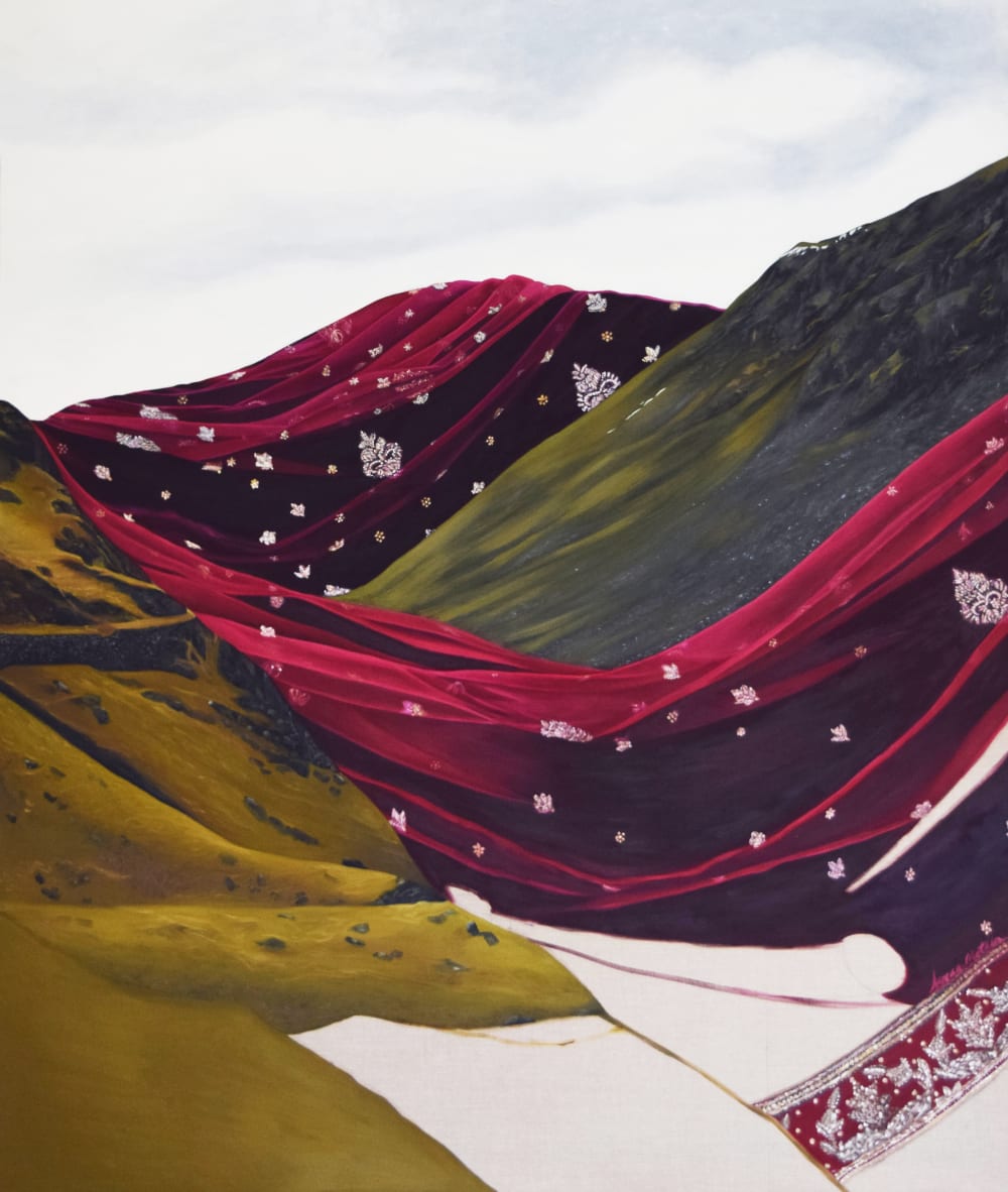 A painting of a valley landscape. Some of the hillsides are painted as red and gold material. 