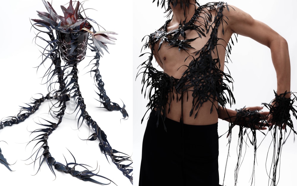 A person wearing textiles accessories