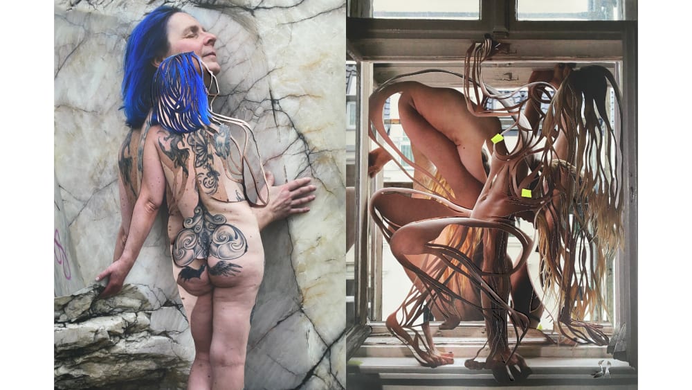 2 collages of women in the nude. On the left, a woman with tattoos with her back to the camera. On the right, a figure bending in front of a window