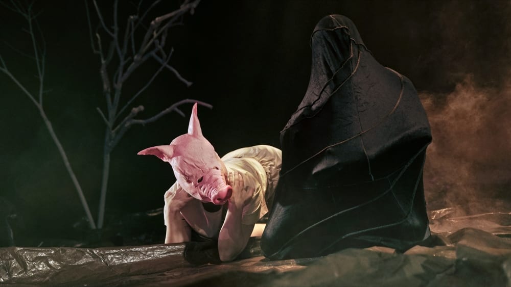 a person on a stage wearing a big mask