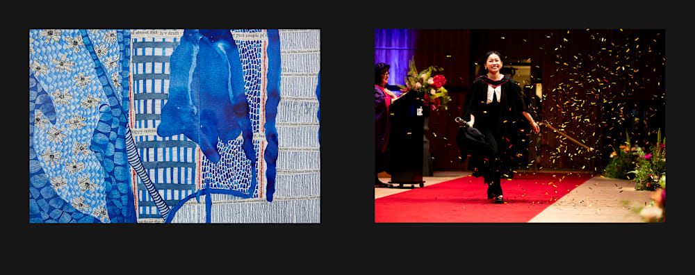 Two pictures side by side, one showing a close-up of an abstract drawing and the other showing a graduate walking across the graduation stage with confetti around them.