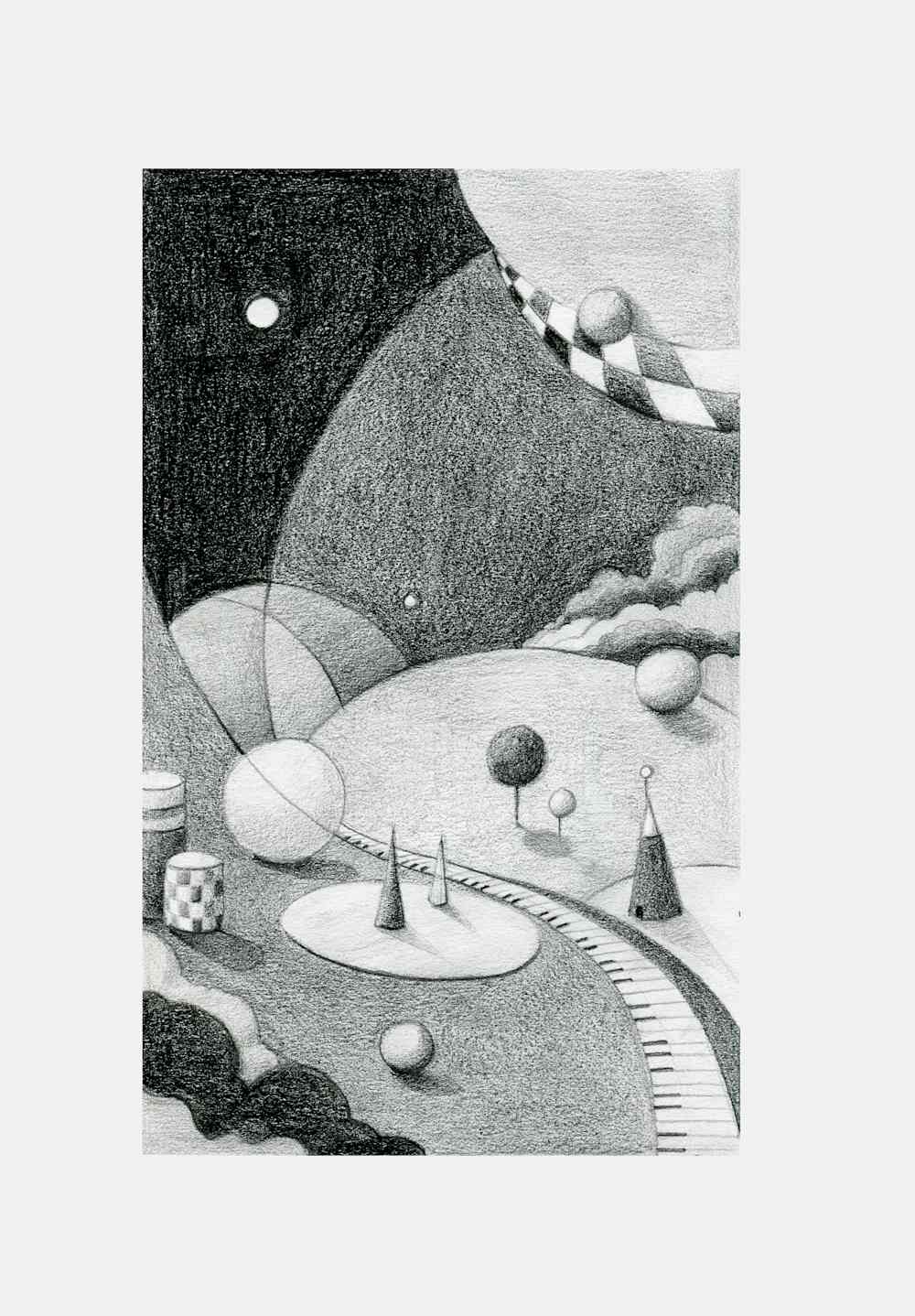 Black and white pencil illustration of an imaginary place representing hills with geometric objects