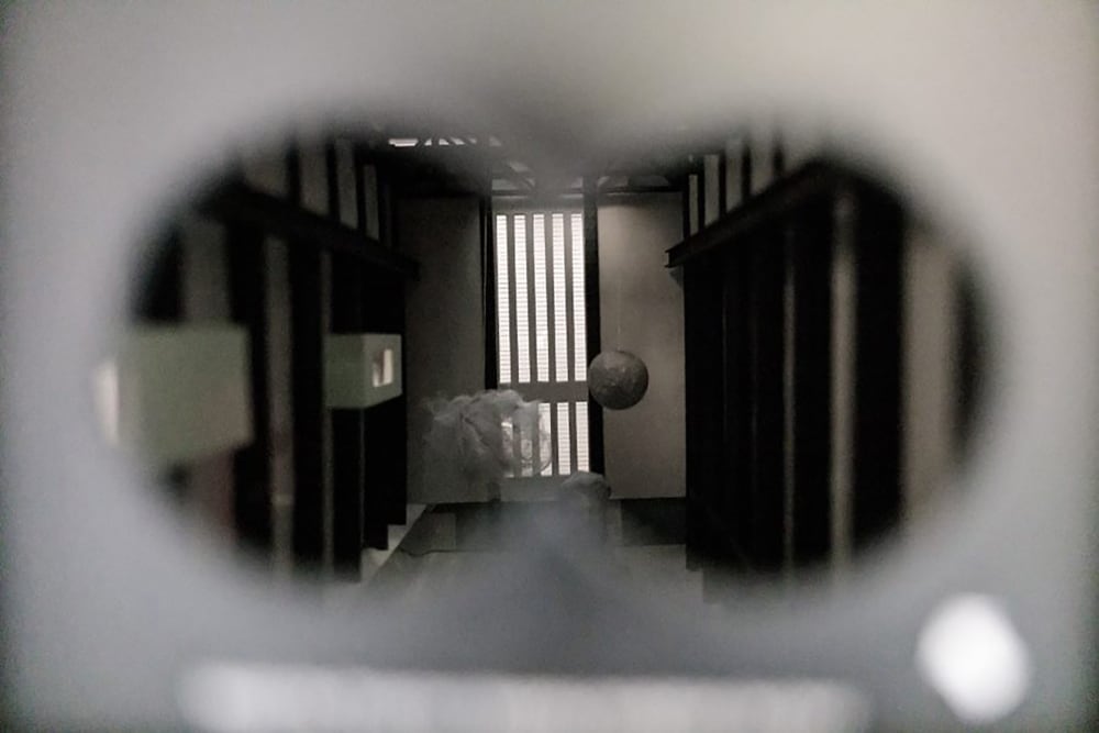 Close up view of box set looking through a telescope