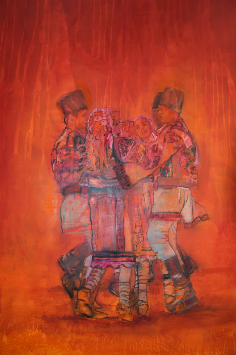 Orange canvas painting of 6 people doing romanian folk dancing