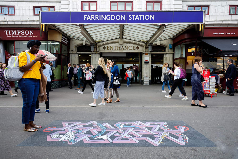 Alba Skottowe's graphic work a tube line in the form of an MC Escher style illustration at Farringdon Station