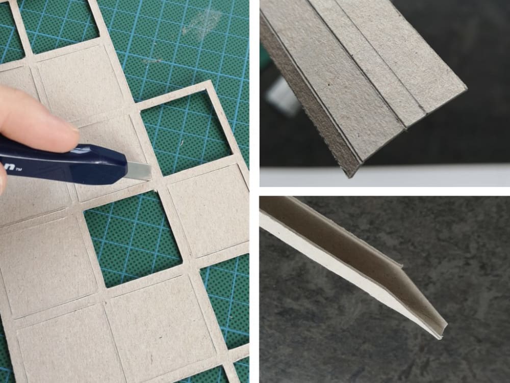 cardboard being cut into squares with a knife