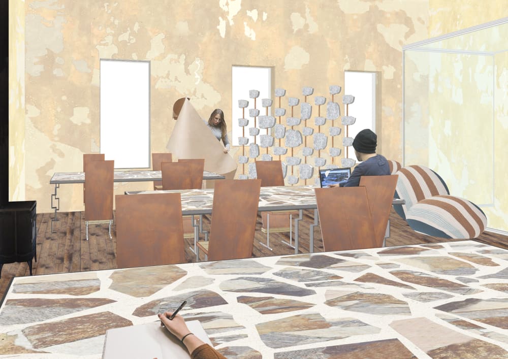 People working together in a space filled with rock patterns