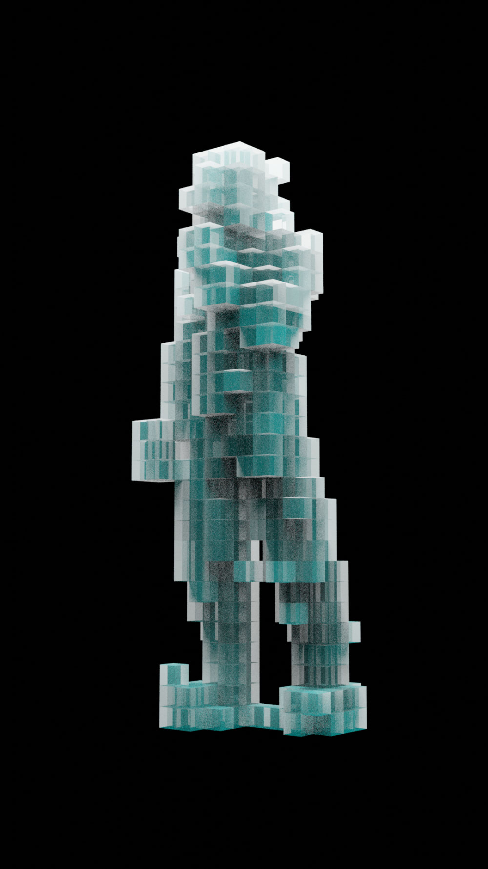 A figure of digital ice blue blocks set against a black background
