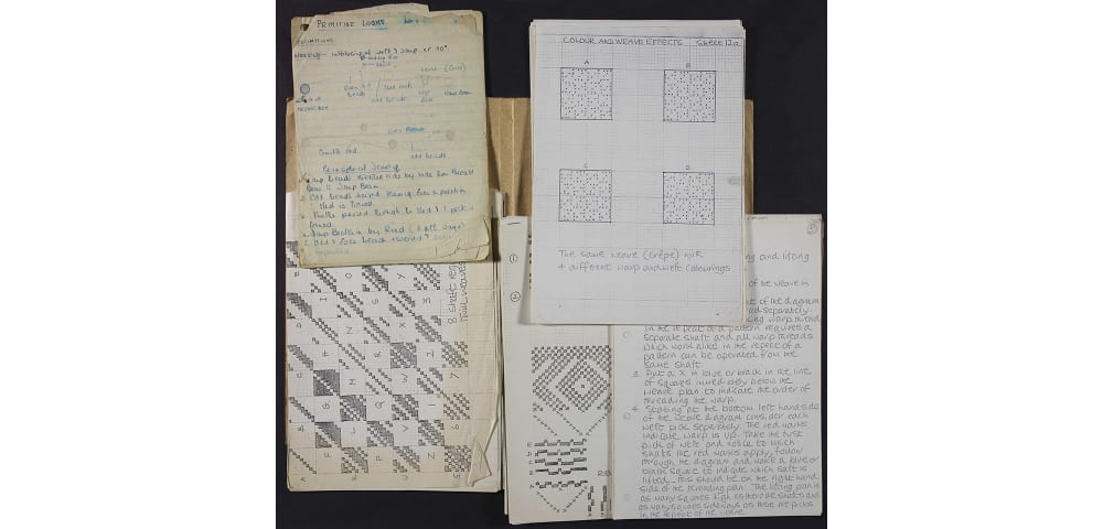 Colour photograph of archive documents, a folder of lecture notes on fabric structure and weave lifting plans.