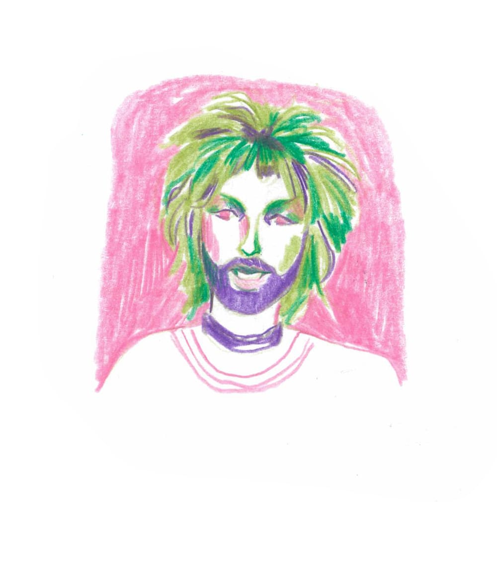 illustration of a person with green hair on a pink background