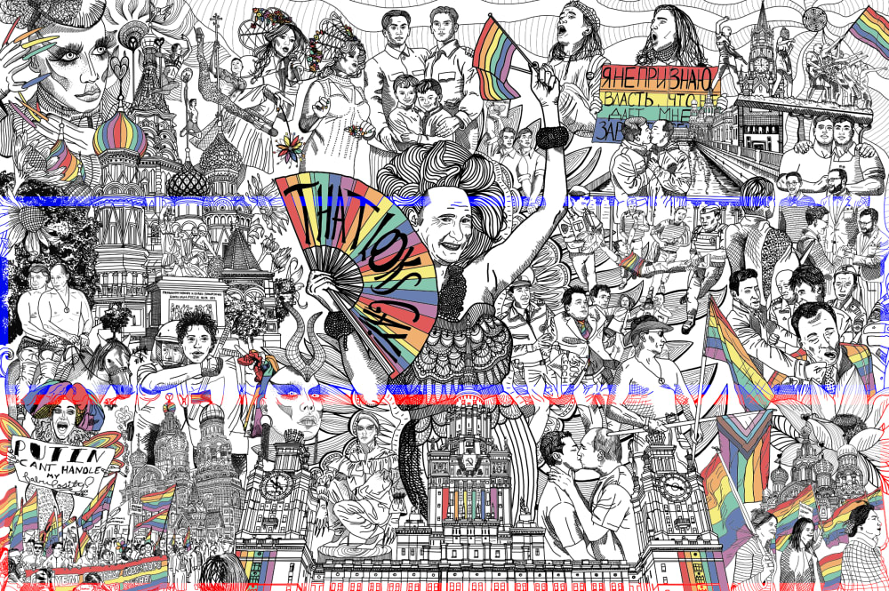 Detailed black and white mural of anti-queer politicians and countries depicted in an alternative world where queerness is accepted n 