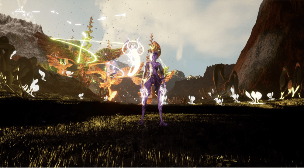 purple figure in a gaming environment of grass and hills