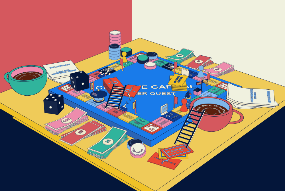 An illustrated monopoly-style board  incorporating the set of Open Book cards