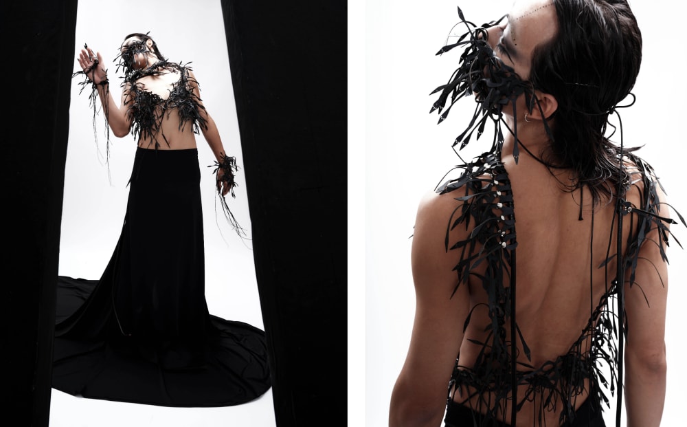 A person wearing textiles accessories