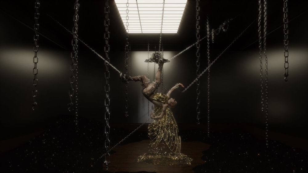 a figure suspended with chains between two walls