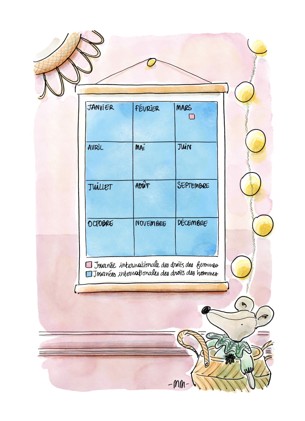 Illustration of a 12 month calendar, it's all blue with a small pink square on March. A key at the bottom shows that blue is for 'International Men's Day', and the pink is for 'International Women's Day'. 