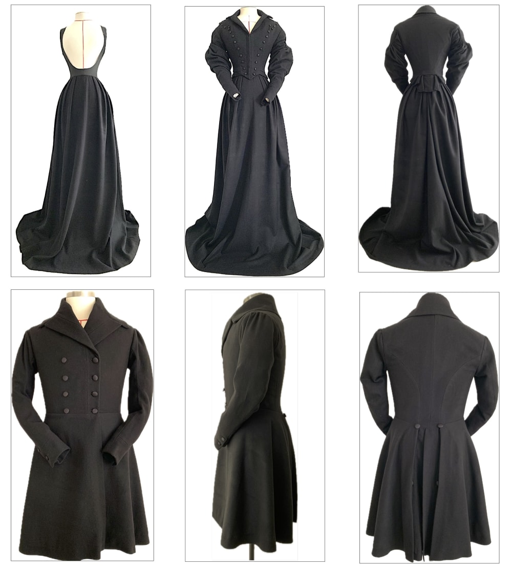 6 images of black coat hanging on mannequin.