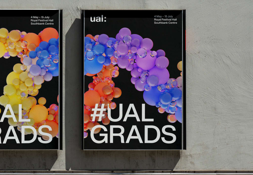 A poster for the UAL Graduation, which features vibrant, multicolored 3D bubbles on a black background with bold white text reading '#UALGRADS'.