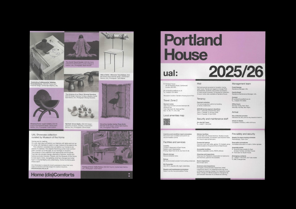 Two-page printed leaflet for UAL Halls with a pink, black, and white color scheme. The left page features the title “Home (dis)Comforts” at the bottom and showcases various art and design pieces from University of the Arts London (UAL) students, including photographs of sculptures, textiles, furniture, ceramics, and garments, each with captions naming the artist, year, and course. The right page is a housing information sheet for Emily Bowes Court. It provides practical details about accommodation, including sections on mail, tenancy, management team, travel information, facilities and services, communal spaces, accessibility, cleaning, fire safety, and security.