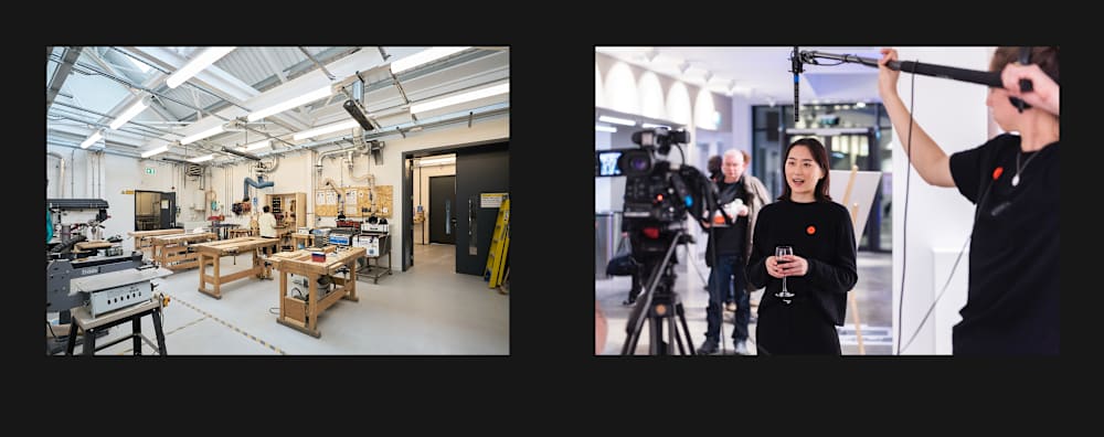 Two photographs side by side, the one on the left showing a woodworking workshop with a technician working on one of the machines, with the one on the right showing a person presenting on camera with a boom mic raised above them.