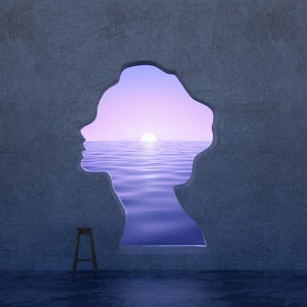 Illustration of a wall with a hole in the shape of a woman's face, through which the sea is visible
