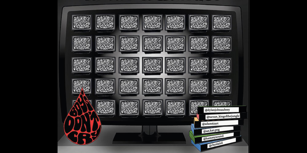a flyer which displays a stack of televisions showing static, with the text 'boys don't cry in the digital age'
