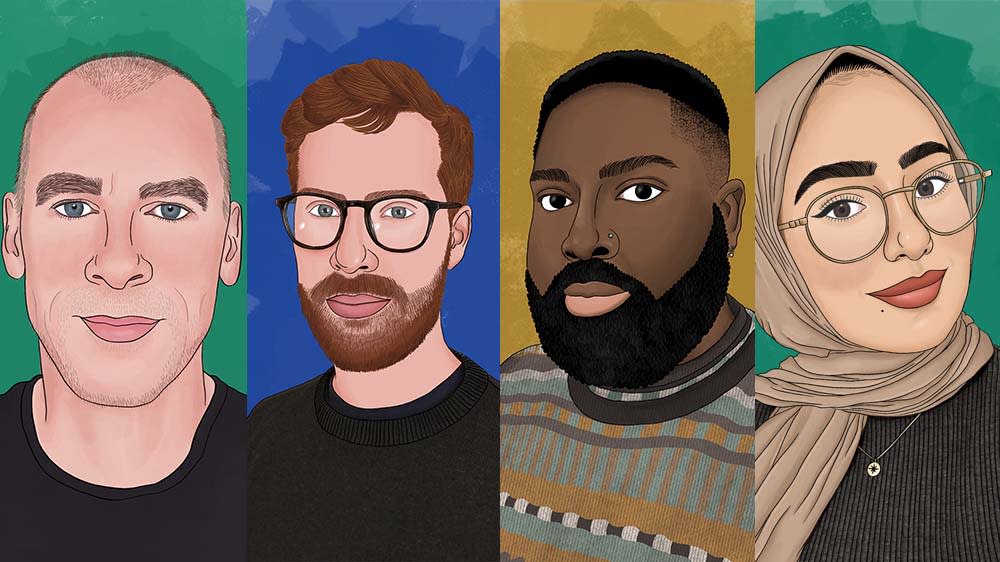 Colourful illustrations of 4 people laid out in a row