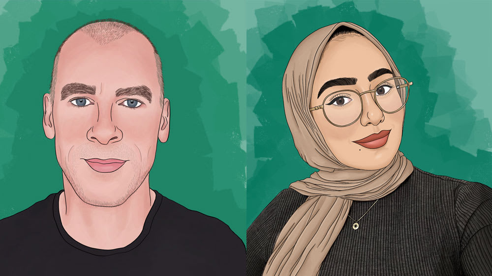 Colourful illustrations of 4 people laid out in a row