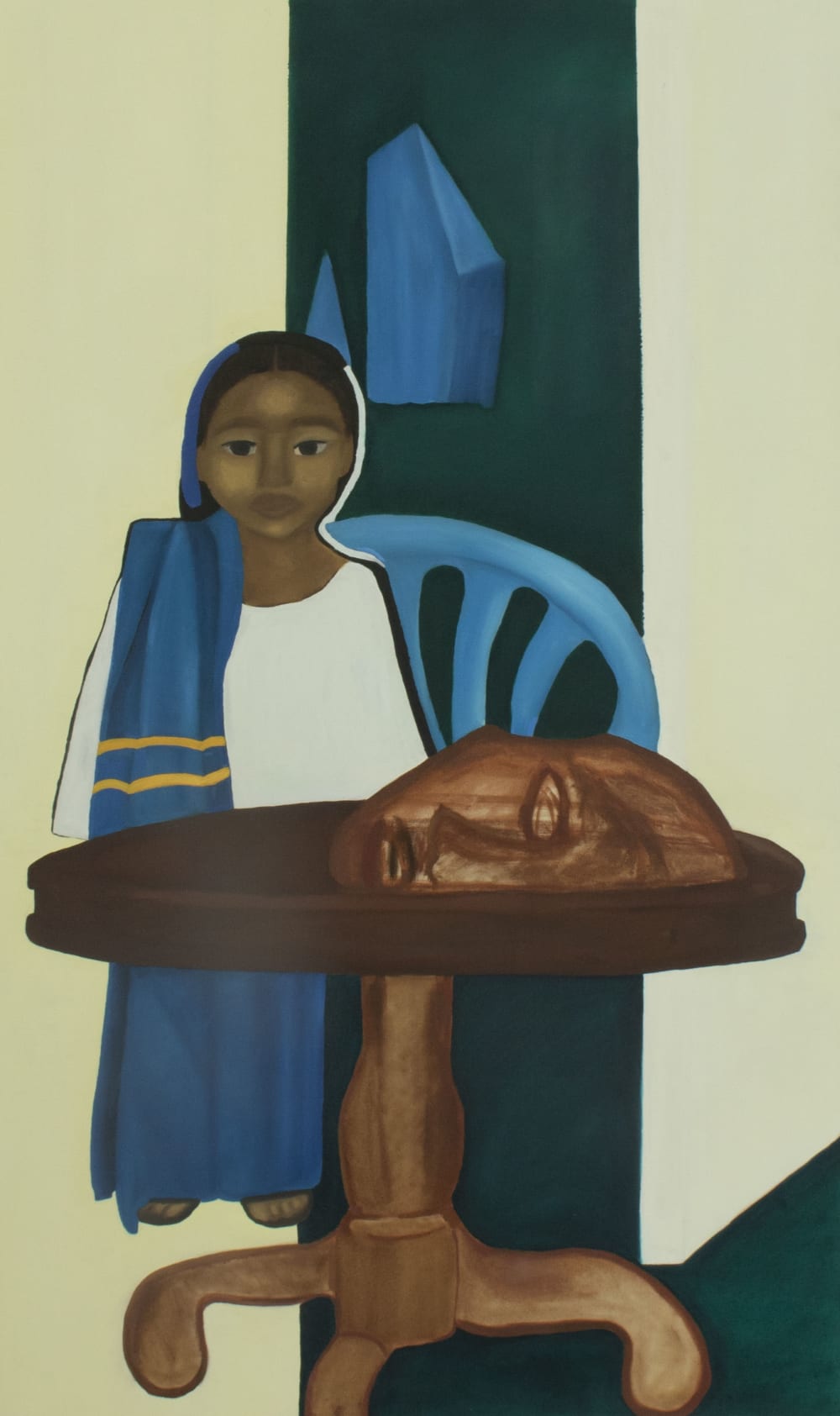 Oil painting of a young girl standing at a table