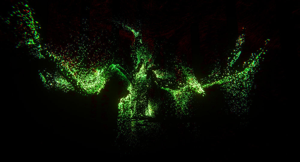 Green dotted lights in the shape of a tree 