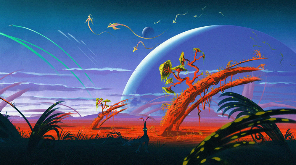 Concept art for a blue and red space-themed world.