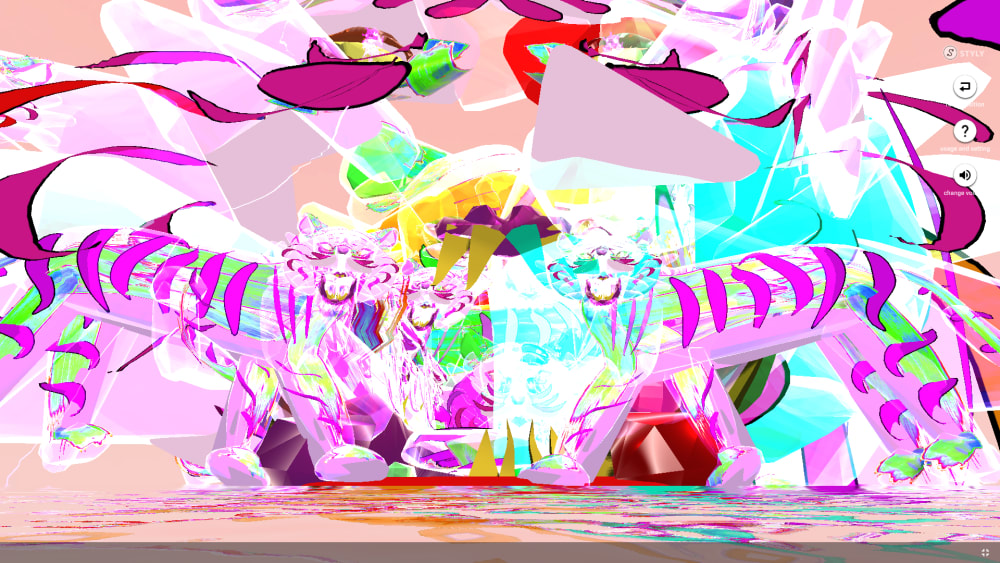 Still from VR work showing 2 pink tigers against a multicoloured background
